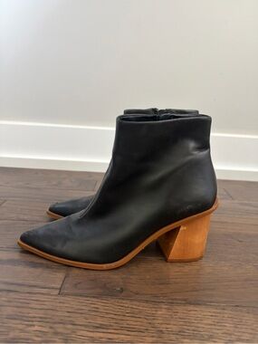 STATE Black Leather Ankle Booties with Tan Wood Block Heel
